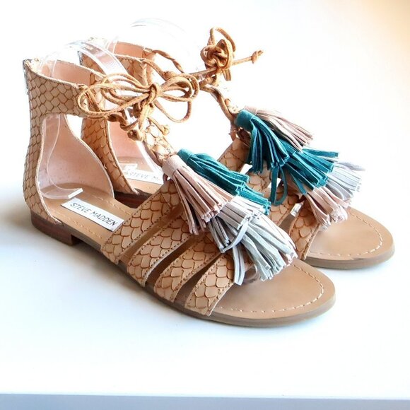 Steve Madden Monrowe Tan Leather Ankle Tie Tassel Gladiator Sandals Summer Shoes - Picture 4 of 15